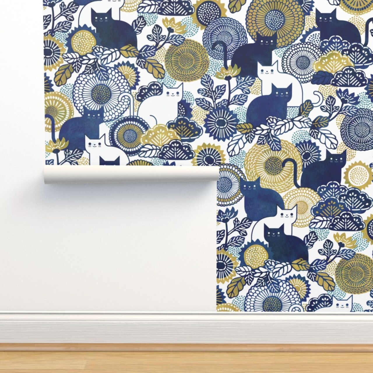 Cat Vintage Floral Gold Cats Navy Blue And Flowers Garden With Custom Removable Wallpaper by Spoonflower Peel & Stick Wallpaper 2FT Wide